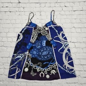 Express Blue and Black Charm Chain Print Spaghetti String Top SIZE:M